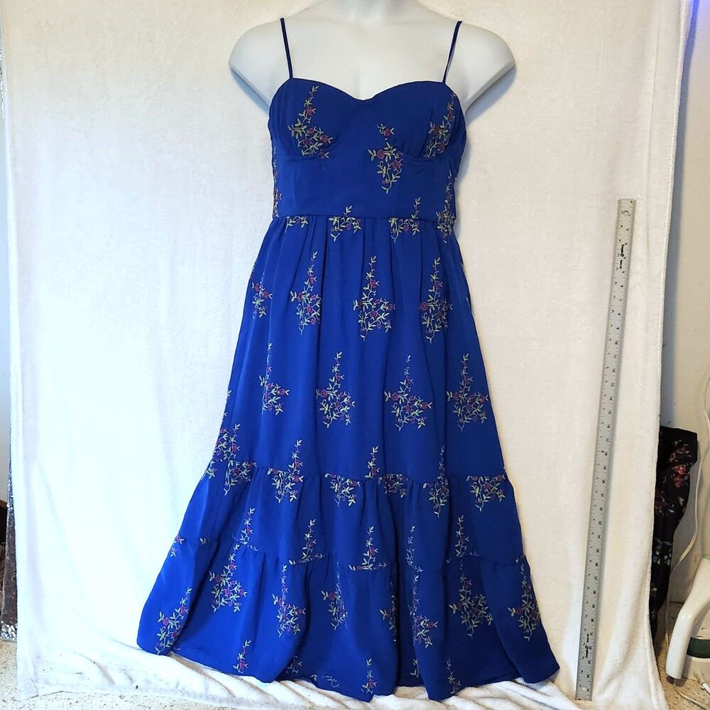 NWT Betsey Johnson Women's 12 Blue Embroidered Floral Corset Tiered Midi Dress